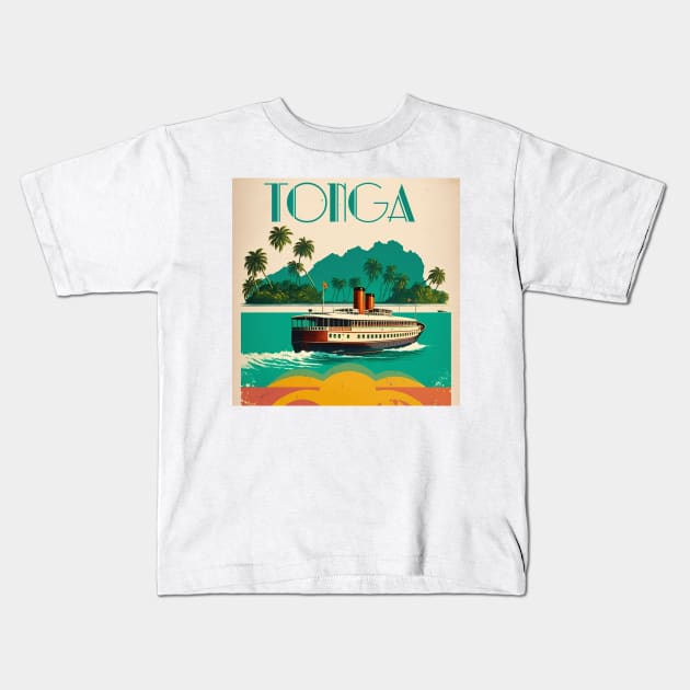 Tonga Boat Vintage Travel Art Poster Kids T-Shirt by OldTravelArt